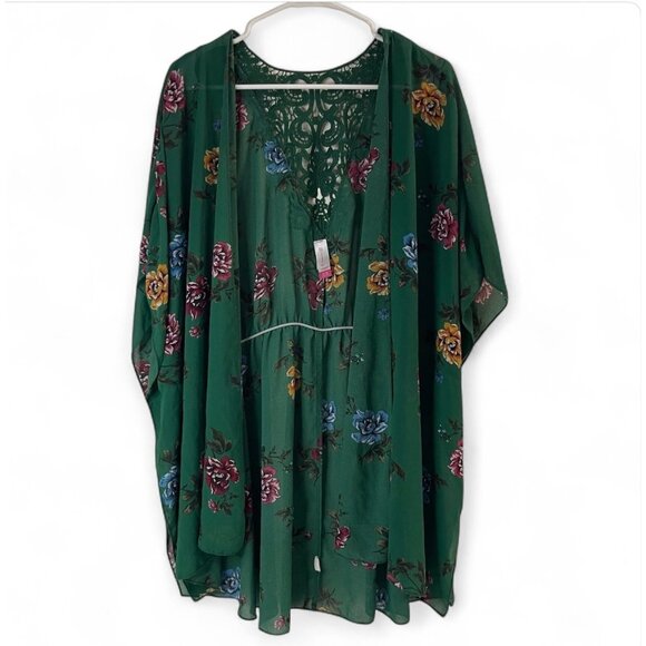 No Boundaries Sweaters - Floral Green Sheer Kimono Cardigan With Lace Back & Tie Waist